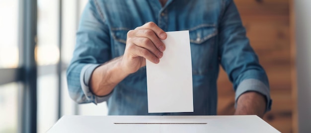 Photo a person in a denim shirt inserts a vote into a ballot box capturing the act of civic engagement in a democratic process