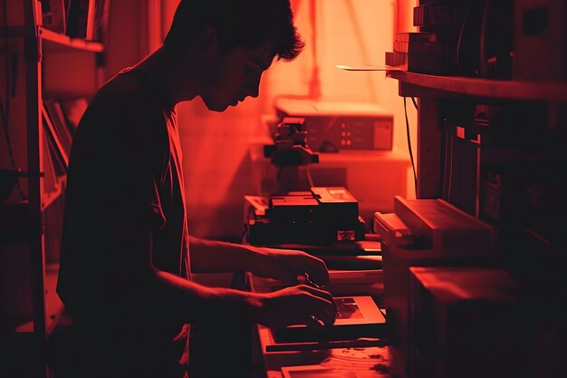 A person develops photographs in a darkroom lit by a red safelight