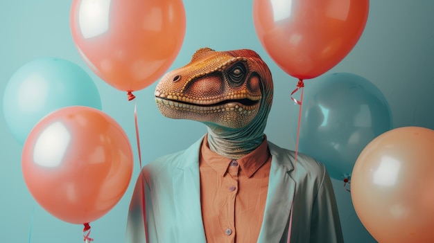 Photo a person in a dinosaur mask celebrates with colorful balloons in a surreal party setting