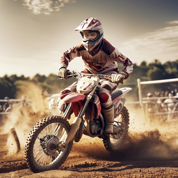 a person on a dirt bike is wearing a helmet and is racing on a dirt track