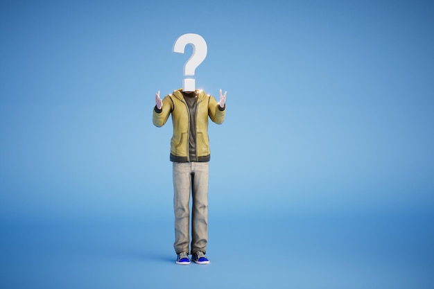 The person doesn't understand what's going on clothes and question mark instead of a head 3D render