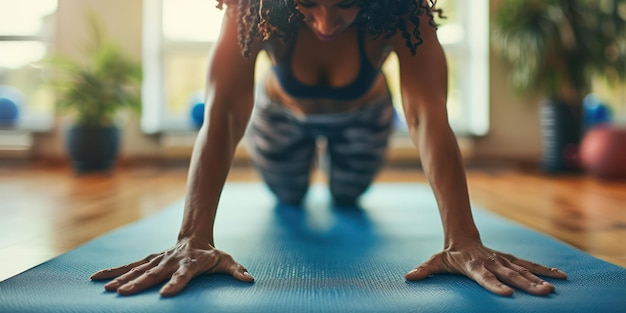 A person doing pushups on a yoga mat demonstrating strength training