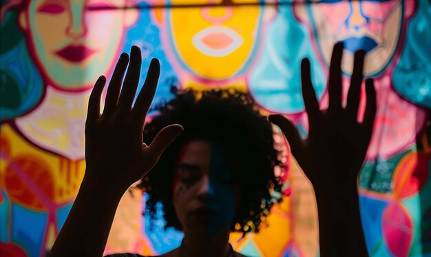 Photo person doing selfportrait in front of colorful background