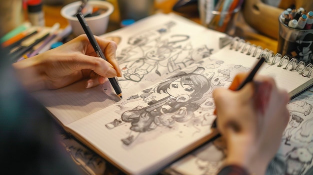 Photo a person drawing a picture of a cartoon character with a pencil