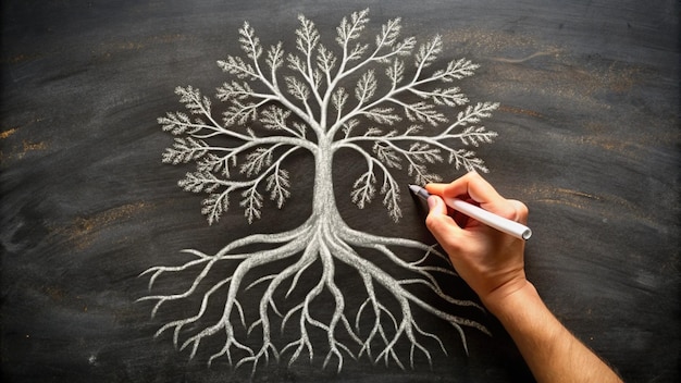 a person drawing a tree with a pencil on a chalkboard