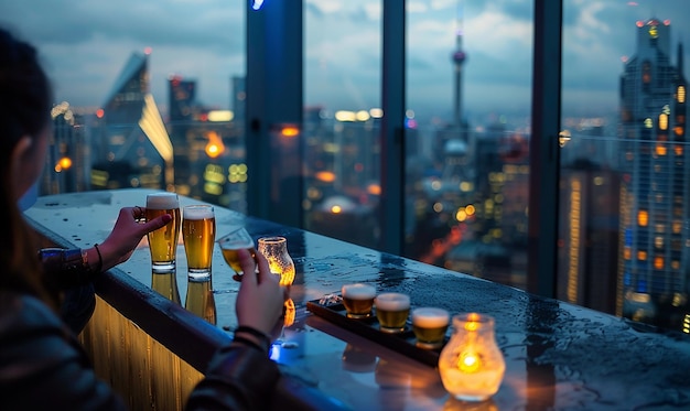 Photo a person drinking beer from a tray with three beers on a table