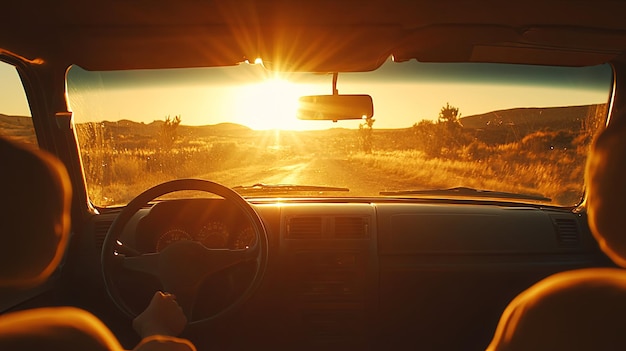 Photo person driving car into golden sunset