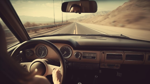 A person driving a car on a road with the word drive on the screen.