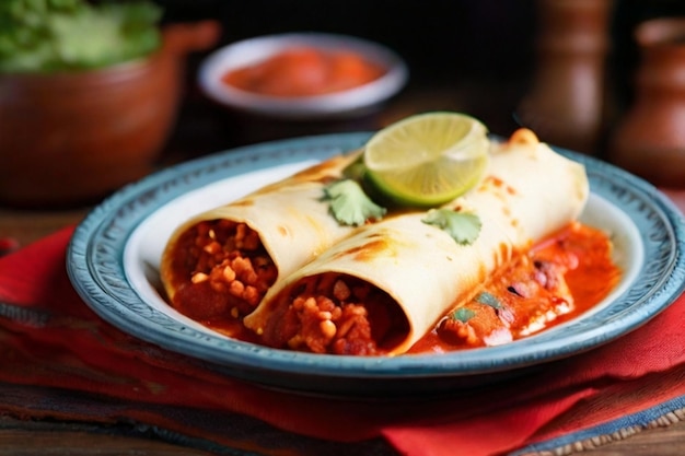 Person eating enchiladas with red pipian typical mexican food