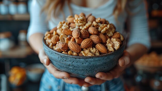 Photo person eating a handful of nuts as a healthy snack