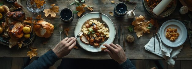 Photo person eating risotto with crispy bread and autumn leaves