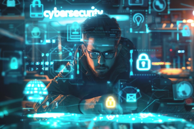 Person Engaged in Cybersecurity Work in HighTech Workspace at Night