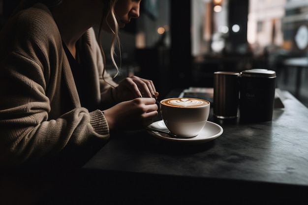 A person enjoying a cup of coffee in a coffee shop while working on their laptop generative ai