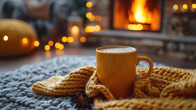 Photo a person enjoying a hot drink by the fireplace with a cozy blanket and warm ambiance