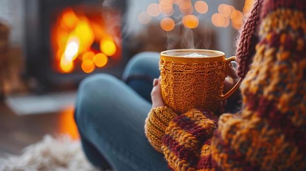 Photo a person enjoying a hot drink by the fireplace with a cozy blanket and warm ambiance