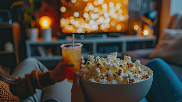 Photo person enjoying a movie night with popcorn and a drink