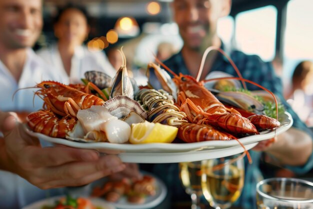 Photo person enjoying a new england clam bake featuring lobster crab and other shellfish a seafood indulgence