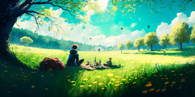 Person enjoying a picnic in a scenic spring meadow Generative AI