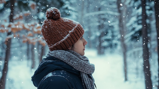 A person enjoying a snowy winter day in a forest wearing a warm hat and scarf while softly falling snowflakes create a serene atmosphere