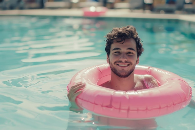 A person enjoying time in a swimming pool with a bright pink inflatable ring