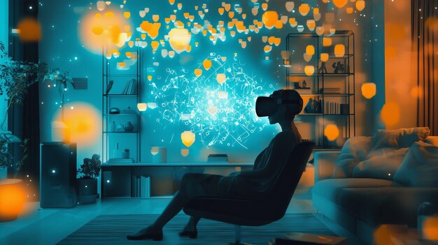 Photo person enjoying virtual reality in a modern living room