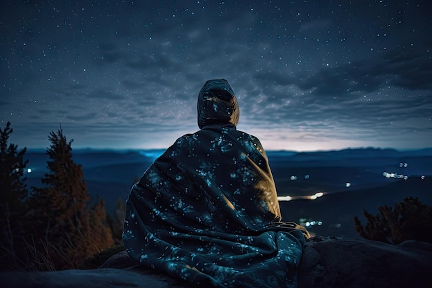 Person enveloped in warm and comforting blanket with view of expansive night sky and stars