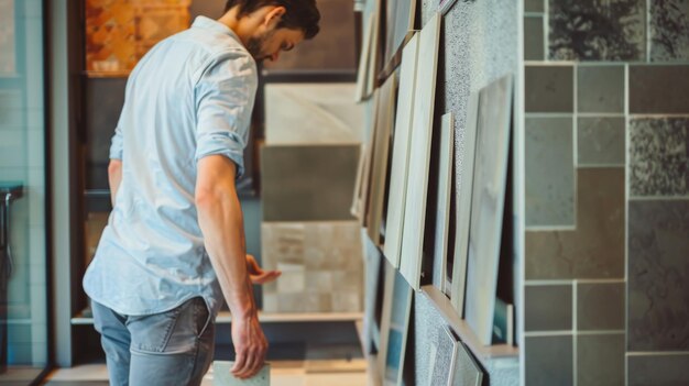 A person examines different samples of tiles displayed on a wall in a store focusing on choosing the right one