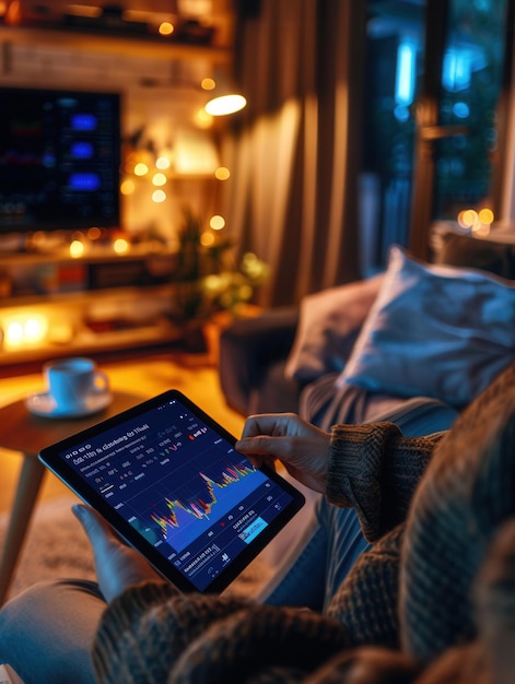 A person examines stock market data on a tablet in a cozy living room illuminated by warm lights during the evening Generative AI