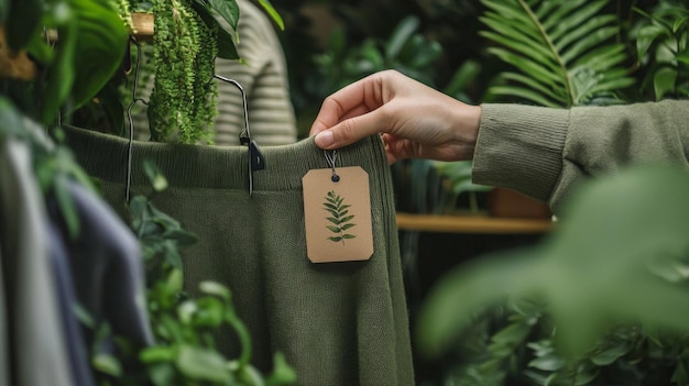 Photo person examines sustainably made clothing in a vibrant store filled with greenery highlighting