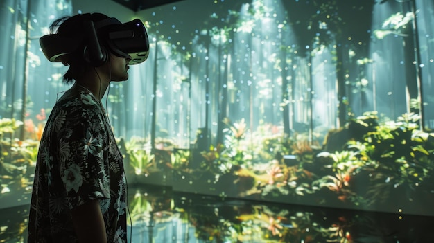 Photo a person experiences a digital forest environment through virtual reality technology in a vibrant