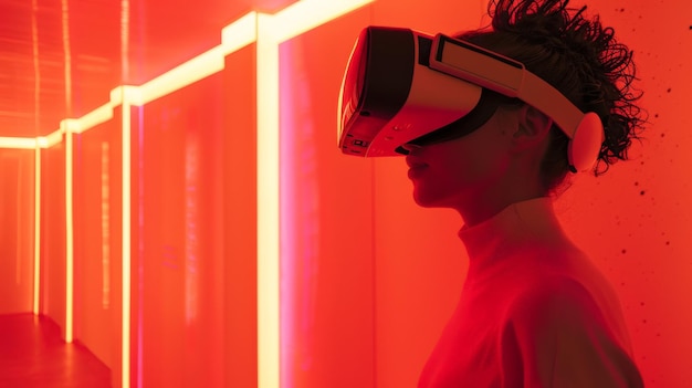 A person experiences virtual reality in a futuristic illuminated setting with vibrant red lights and modern technology