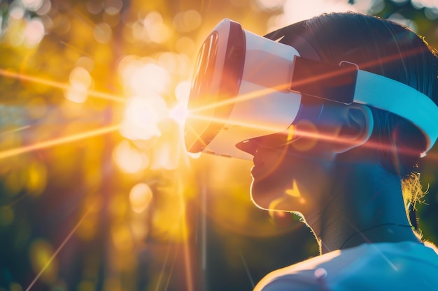 Photo a person experiences virtual reality outdoors against a backdrop of golden sunlight symbolizing innovation merging with nature