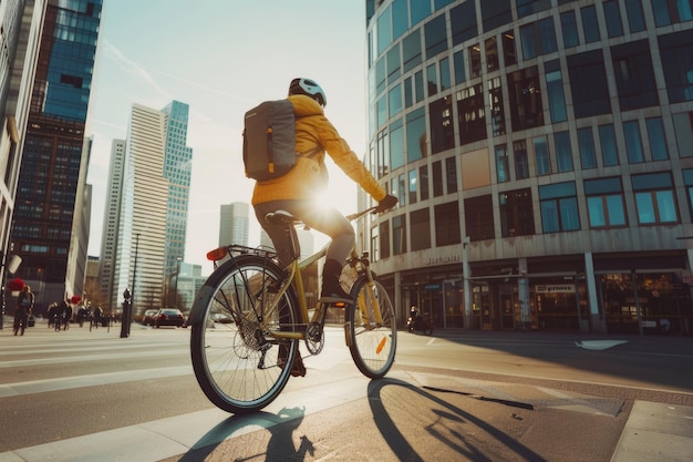 A person exploring the city on a bicycle