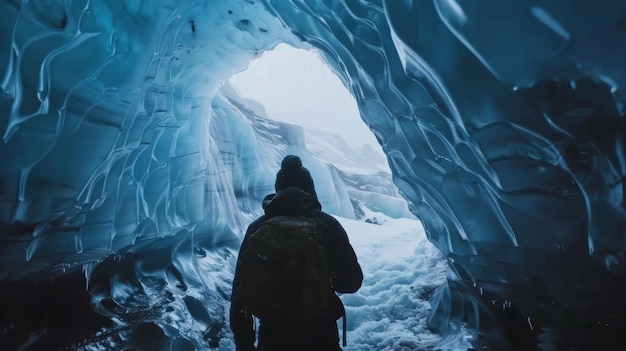 Photo person exploring an icy cave entrance a lone explorer stands at the entrance of a mesmerizing