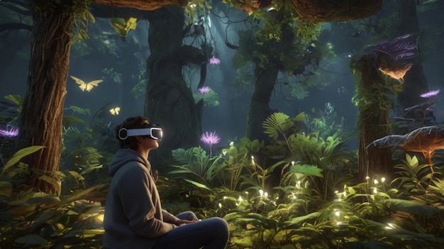 Photo a person exploring a virtual forest by using a vr headset