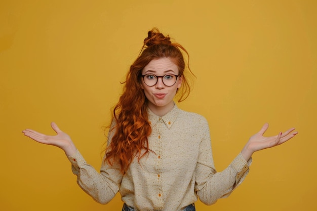 Photo a person expressing a reaction with red hair and glasses