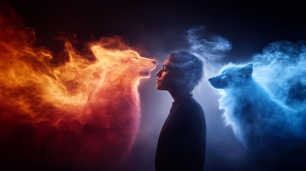 Photo person facing ethereal wolves of fire and ice inner conflict and duality spiritual and psychological