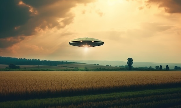 A person in a field with a ufo in the sky