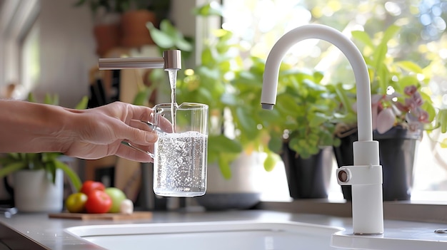 A person filling a glass with water from a modern kitchen faucet