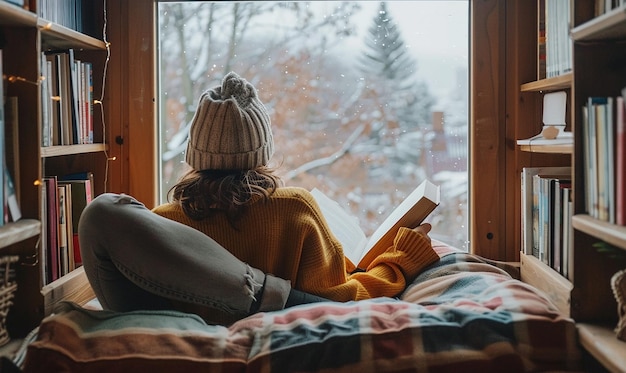 Photo person finding solace in cozy reading nook