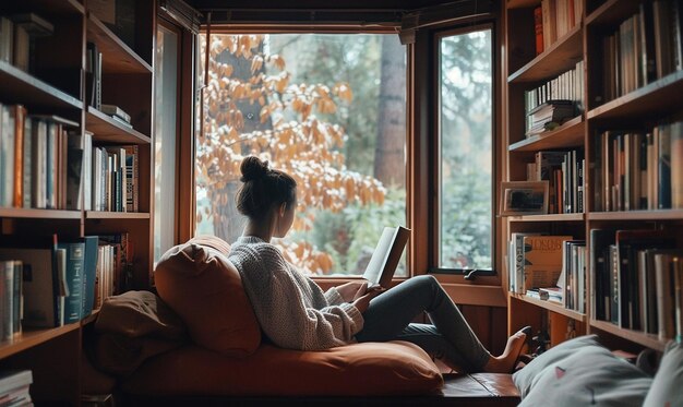 Photo person finding solace in cozy reading nook