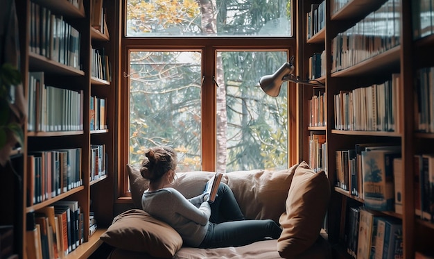 Photo person finding solace in cozy reading nook