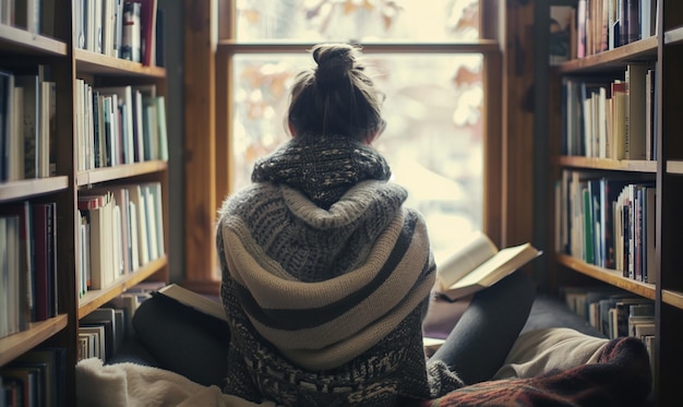 Photo person finding solace in cozy reading nook