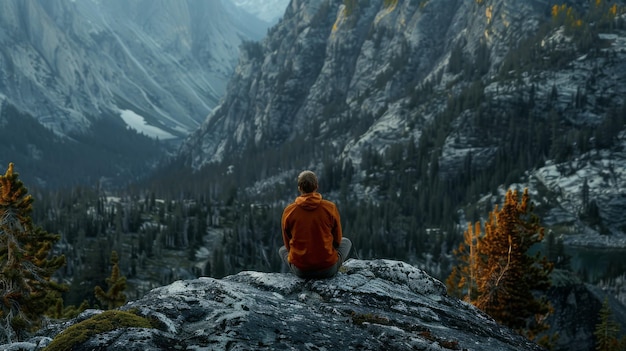 Photo person finding solitude in the wilderness on mountain