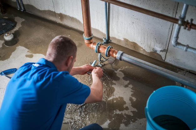 Photo person fixing leak in basement