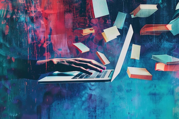 Photo a person focused on their laptop while surrounded by open books ideal for illustrating learning and research concepts