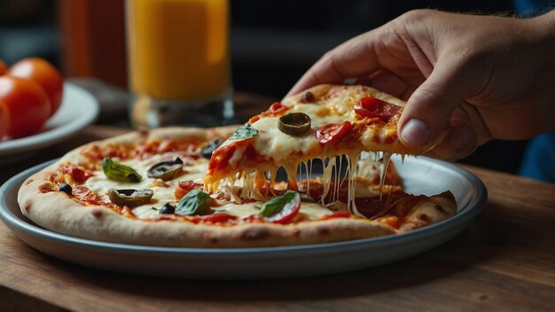 A person folding their pizza slice in half before taki