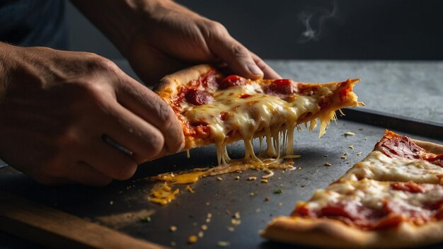 A person folding their pizza slice in half before taki