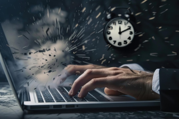 Photo a person frantically types on a laptop as an alarm clock explodes behind them symbolizing the pressure of time and deadlines