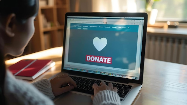 Photo person from behind looking at a laptop screen that has a donate button displayed prominently